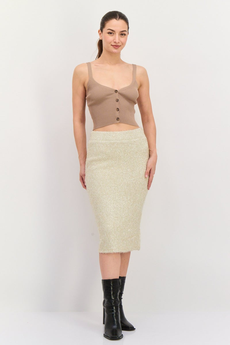 GUESS تنورة ميدي منقوشة للنساء، ذهبية - Image 4