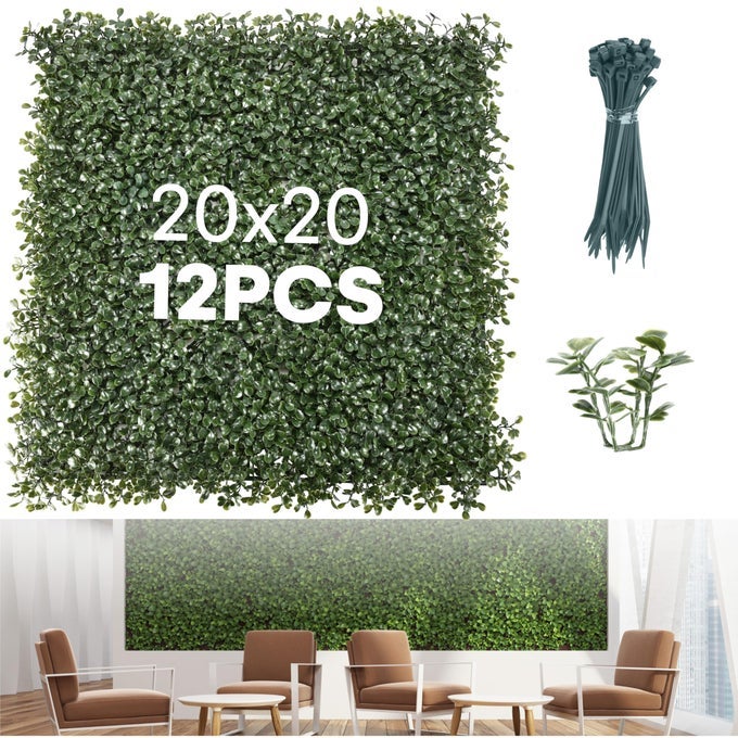 Grass Wall Panels 20 20 12 Pack UVProtected Artificial Boxwood Hedge Greenery Backdrop Covers 3333 sq ft IndoorOutdoor Privacy Fence Screen Zip Ties Spare Leaves Included