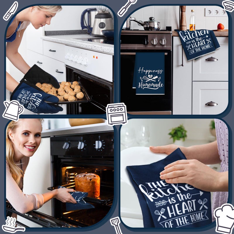 Sratte 6 Pcs Kitchen Decor Accessories Set Farmhouse Towels Pot Holders Oven Mitts Set 2 Dish Towels 2 Potholders 2 Cooking Mittens Oven Glove for Christmas Baking Cooking Supply(Blue,Kitchen) - Image 5