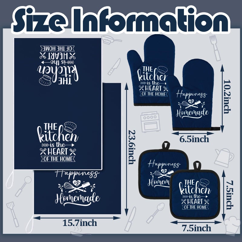 Sratte 6 Pcs Kitchen Decor Accessories Set Farmhouse Towels Pot Holders Oven Mitts Set 2 Dish Towels 2 Potholders 2 Cooking Mittens Oven Glove for Christmas Baking Cooking Supply(Blue,Kitchen) - Image 4