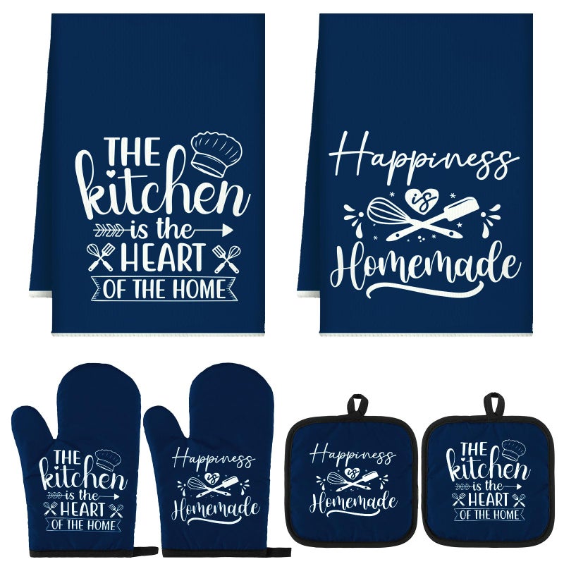 Sratte 6 Pcs Kitchen Decor Accessories Set Farmhouse Towels Pot Holders Oven Mitts Set 2 Dish Towels 2 Potholders 2 Cooking Mittens Oven Glove for Christmas Baking Cooking Supply(Blue,Kitchen) - Image 1