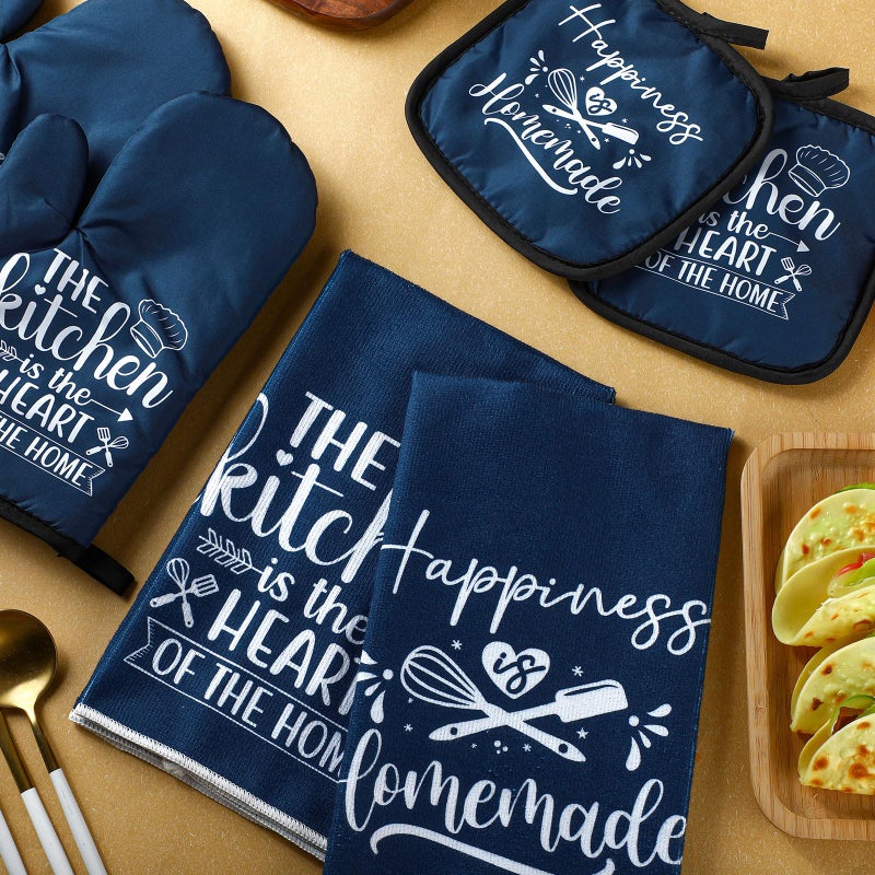 Sratte 6 Pcs Kitchen Decor Accessories Set Farmhouse Towels Pot Holders Oven Mitts Set 2 Dish Towels 2 Potholders 2 Cooking Mittens Oven Glove for Christmas Baking Cooking Supply(Blue,Kitchen) - Image 3
