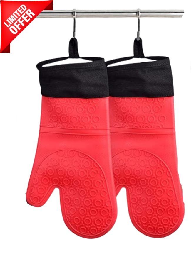 Pair Silicone Oven Mitts Heat Resistant Oven Mitt with Quilted Liner Non-Slip Textured Grip Flexible Oven Gloves Waterproof BBQ Kitchen Cooking Mitts  - Image 3