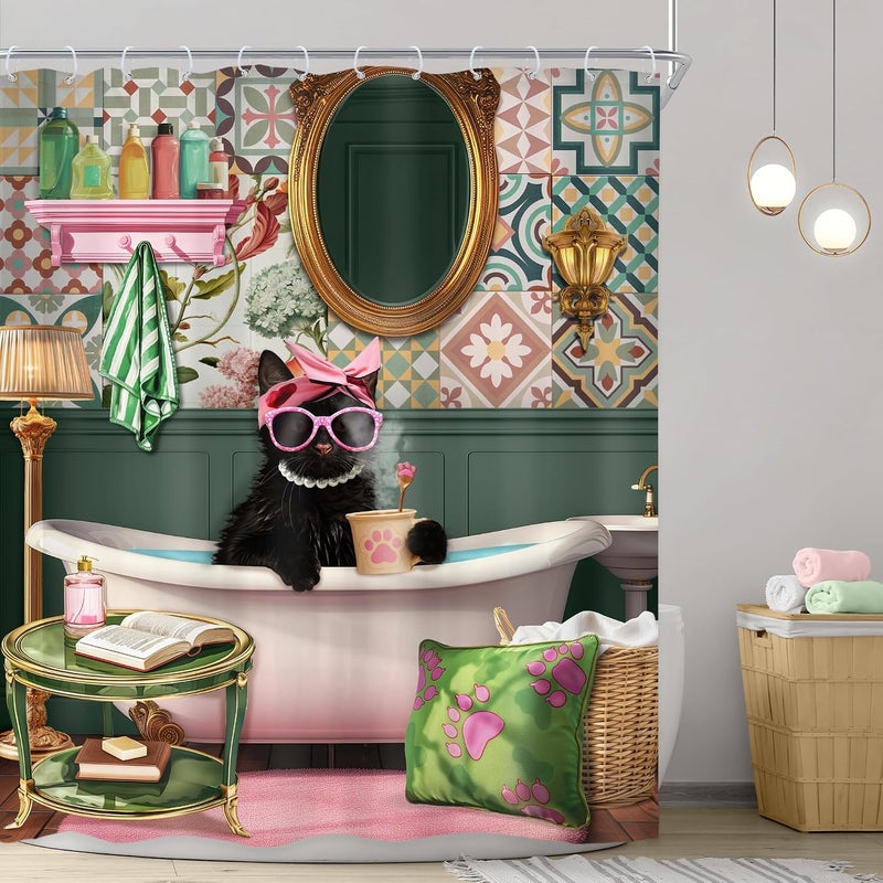 Riyidecor Funny Cat Shower Curtain 60Wx72H Inch Kids Pink Black Cat in Bathtub Kitten Cute Cartoon Animal Lovrely Vintage Fashion Pet Girl Bathroom Decor Fabric Polyester Waterproof 12 Pack Hooks - Image 2