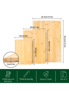 Vasilek Wood Cutting Board - 3 Piece Bamboo Cutting Board Set, Wooden Cutting Boards for Kitchen with Deep Juice Groove, Side Handles - Wood Chopping Boards for Meal Prep, Meat, Vegetables, and Charcuterie - Kitchen Gadgets Gift  - Image 2