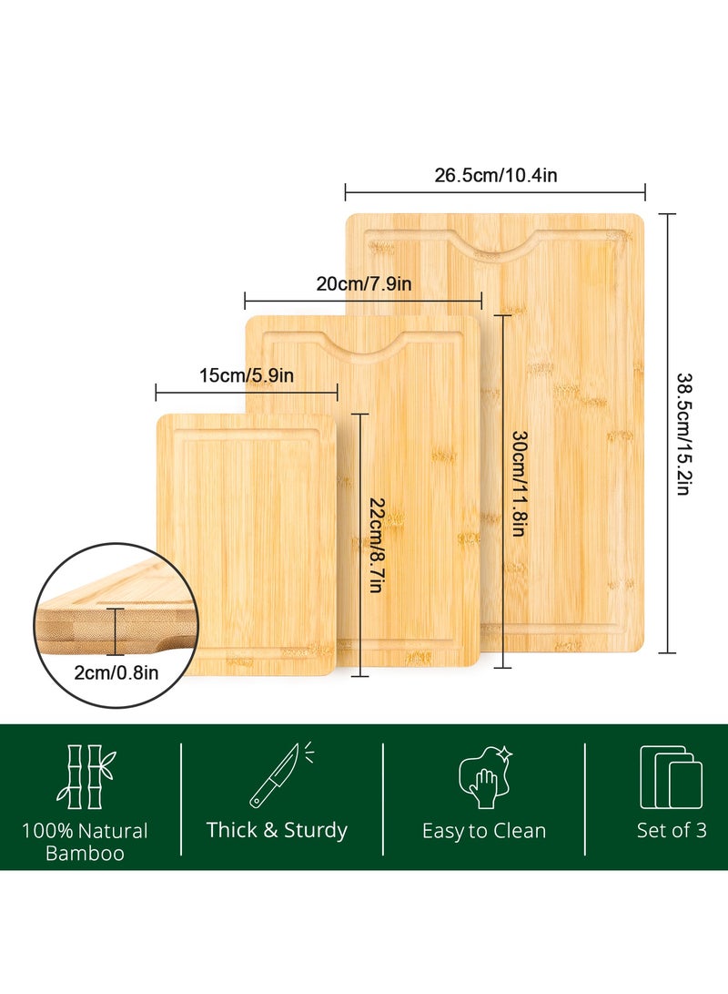 Vasilek Wood Cutting Board - 3 Piece Bamboo Cutting Board Set, Wooden Cutting Boards for Kitchen with Deep Juice Groove, Side Handles - Wood Chopping Boards for Meal Prep, Meat, Vegetables, and Charcuterie - Kitchen Gadgets Gift  - Image 2