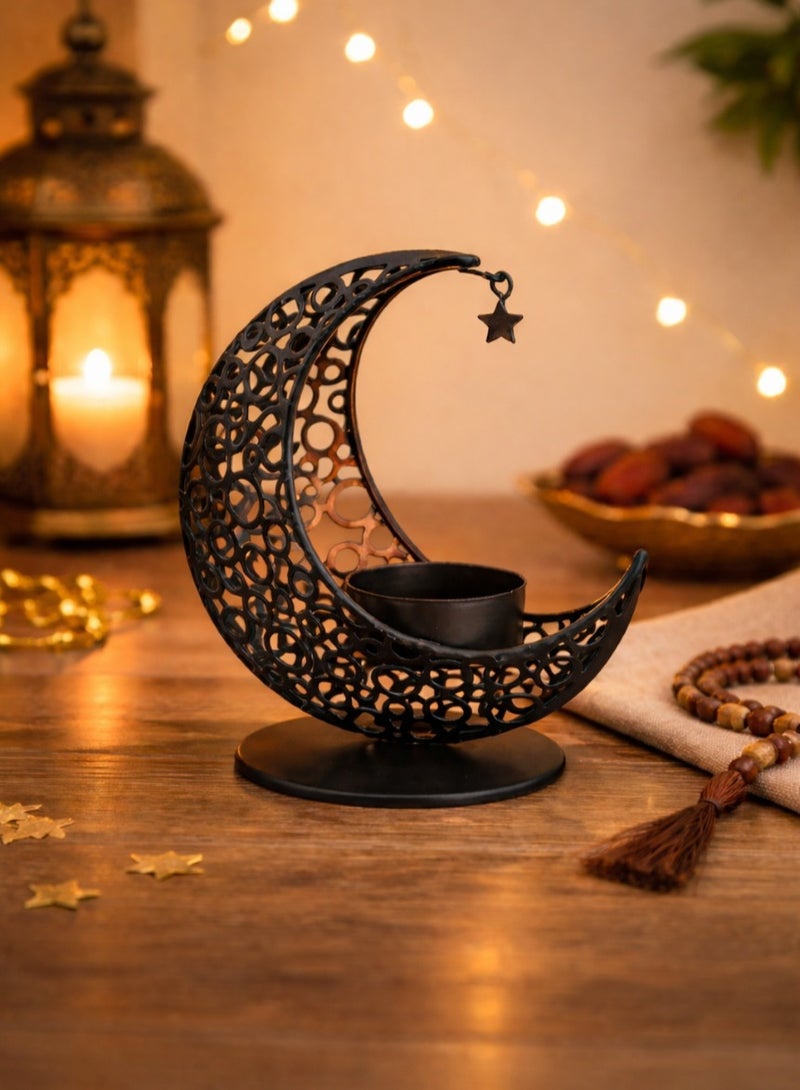 Ramadan Decoration Crescent Moon Candle Holder With Star Black Color For Table And Home Decor – Ramadan Decorations For Homes And Parties - Image 1