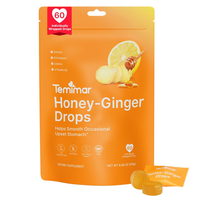 Temimar Honey-Ginger Drops for Nausea Relief, Support Upset Stomach & Motion Sickness Relief, Added Ginger & Vitamin B6 for Pregnant Women Morning Sickness, 60 Individually Lozenges - Image 1