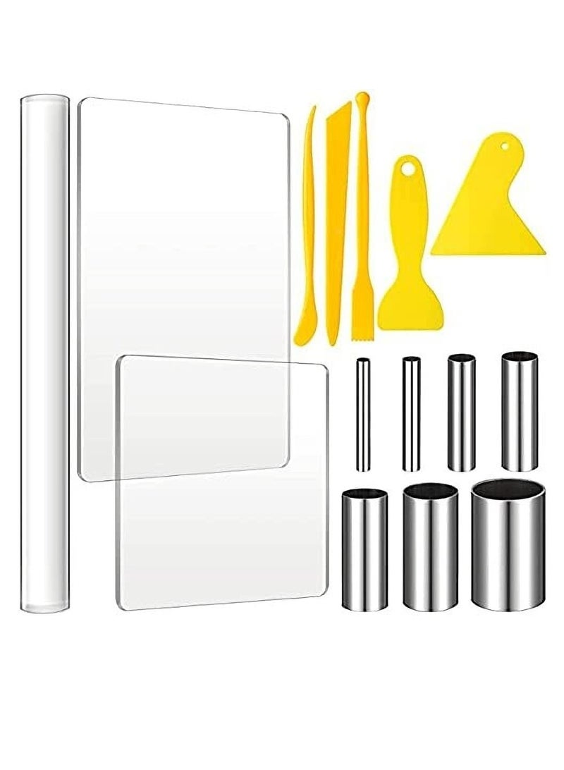 Excefore 15 PCS Polymer Clay DIY Tool Set Includes Acrylic Roller Sheets Plastic Scraper Backing Board Stainless Steel Round Circle Shape Cutter Modeling - Image 1