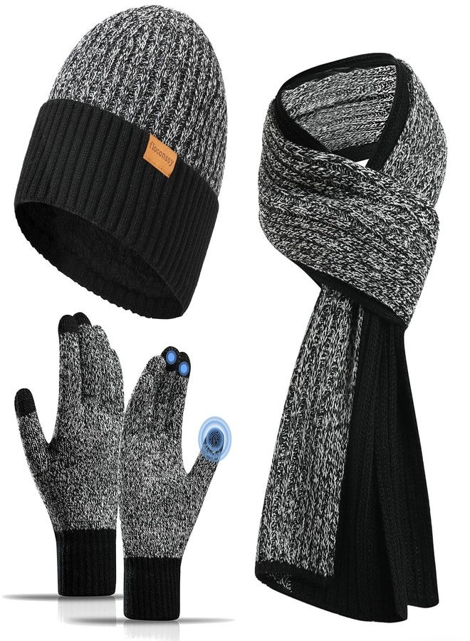 floconssy 3 PCS Men's Winter Hat Scarf Gloves Set, Warm Knit Beanie Thermal Long Scarf fleece lined Touchscreen Gloves for Cold Weather Black Grey - Image 1