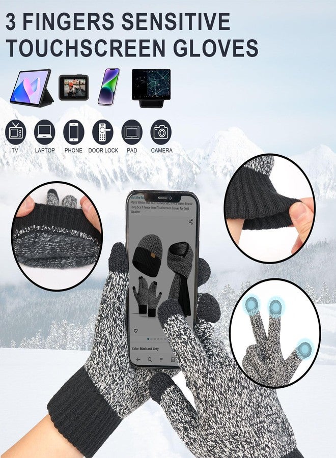 floconssy 3 PCS Men's Winter Hat Scarf Gloves Set, Warm Knit Beanie Thermal Long Scarf fleece lined Touchscreen Gloves for Cold Weather Black Grey - Image 3