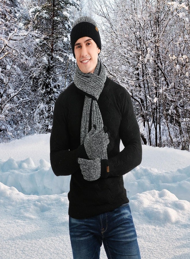 floconssy 3 PCS Men's Winter Hat Scarf Gloves Set, Warm Knit Beanie Thermal Long Scarf fleece lined Touchscreen Gloves for Cold Weather Black Grey - Image 5