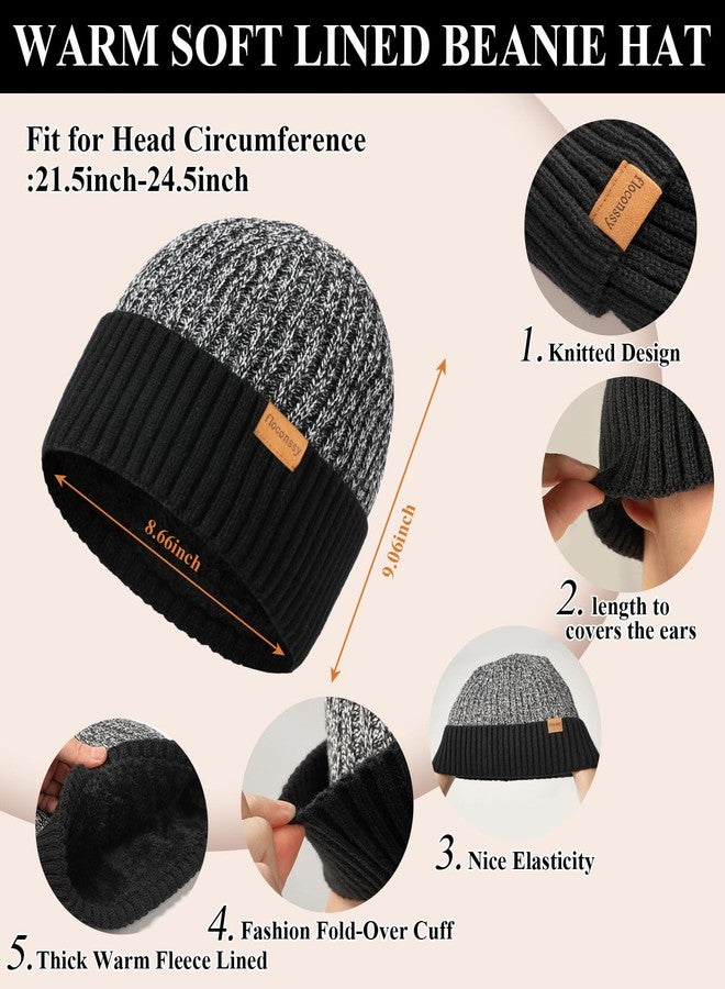 floconssy 3 PCS Men's Winter Hat Scarf Gloves Set, Warm Knit Beanie Thermal Long Scarf fleece lined Touchscreen Gloves for Cold Weather Black Grey - Image 2
