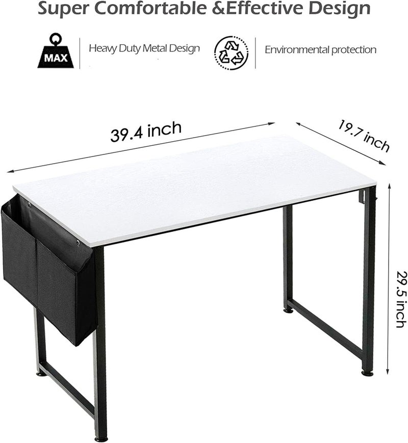 Lufeiya Computer Desk White Writing Table for Small Spaces Home Office 39 Inch Modern Study PC Desk with Storage Bag Hook, White Black - Image 3
