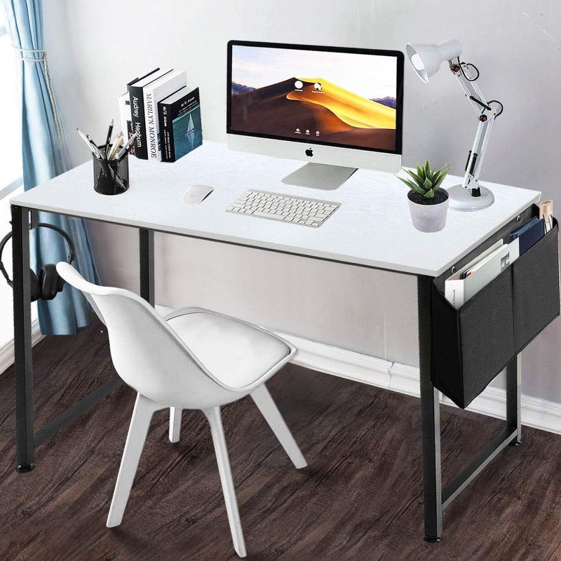 Lufeiya Computer Desk White Writing Table for Small Spaces Home Office 39 Inch Modern Study PC Desk with Storage Bag Hook, White Black - Image 2