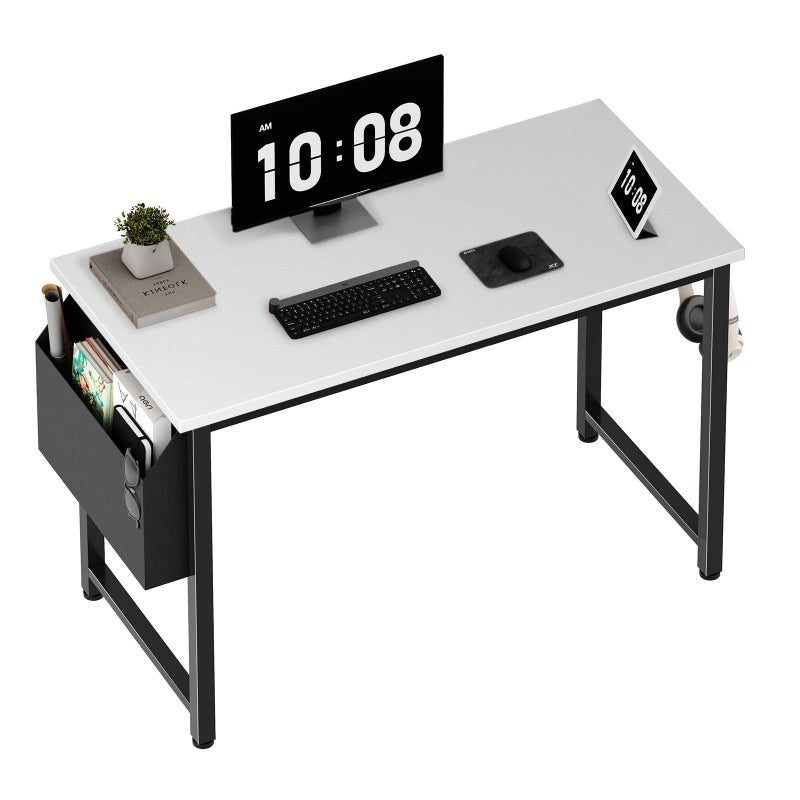 Lufeiya Computer Desk White Writing Table for Small Spaces Home Office 39 Inch Modern Study PC Desk with Storage Bag Hook, White Black - Image 1