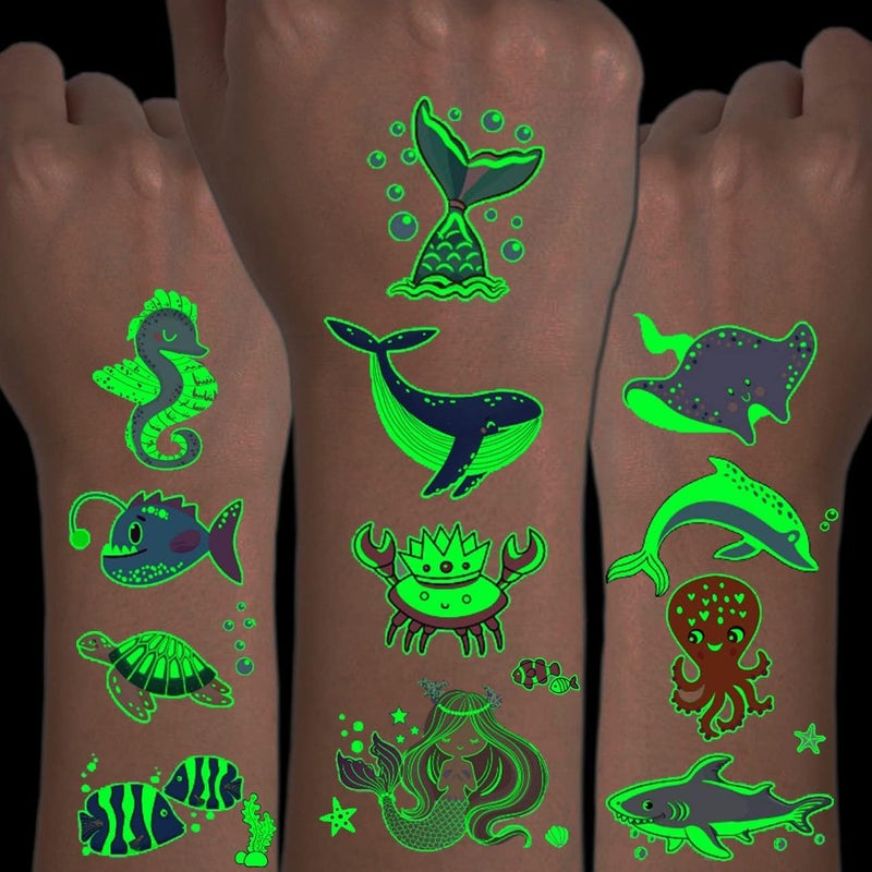 Luminous Ocean Animals Tattoos for Kids 14 Sheets Glow in The Dark Under The Sea Creature Temporary Tattoos for Boys Girls Birthday Party Favors Goodie Bag Fillers