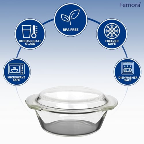 Femora Borosilicate Serving Bowl | 1 Year Warranty | Glass Casserole Set, Glass Bowl with Lid, Microwave Safe Bowl Set, Dishwasher and Freezer Safe, Deep Round (Pack of 1-2000ML) - Image 3
