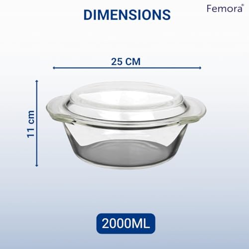 Femora Borosilicate Serving Bowl | 1 Year Warranty | Glass Casserole Set, Glass Bowl with Lid, Microwave Safe Bowl Set, Dishwasher and Freezer Safe, Deep Round (Pack of 1-2000ML) - Image 4
