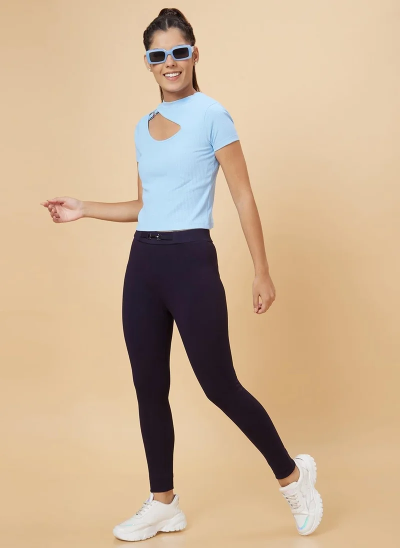 globus Globus Women Blue Ribbed Cut-Out Detailed Fitted Top