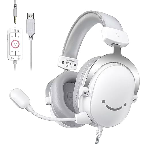 FIFINE USB PC Gaming Headset with 3.5mm Audio Jack, Detachable Microphone, 7.1 Surround Sound, Volume Control, Streaming Over-Ear Wired Headphones for Computer, PS5, Controller, Xbox-H9 White - Image 1