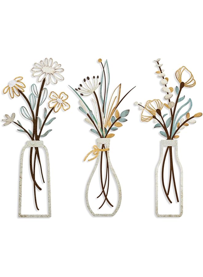 The Bros فن جدران زهور معدنية، ديكور ريفي للمزرعة، زهور جدارية بيج بسيطة لغرفة المعيشة، الحمام، غرفة النوم، غرفة الطعام، هدايا تدفئة منزلية، 3 قطع، بيج ذهبي - Image 1