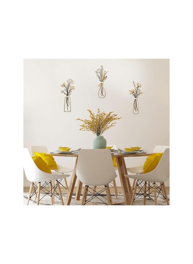 The Bros فن جدران زهور معدنية، ديكور ريفي للمزرعة، زهور جدارية بيج بسيطة لغرفة المعيشة، الحمام، غرفة النوم، غرفة الطعام، هدايا تدفئة منزلية، 3 قطع، بيج ذهبي - Image 2