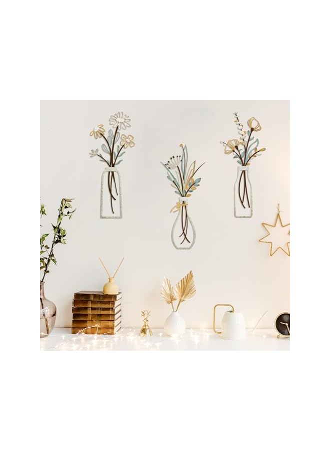 The Bros فن جدران زهور معدنية، ديكور ريفي للمزرعة، زهور جدارية بيج بسيطة لغرفة المعيشة، الحمام، غرفة النوم، غرفة الطعام، هدايا تدفئة منزلية، 3 قطع، بيج ذهبي - Image 5