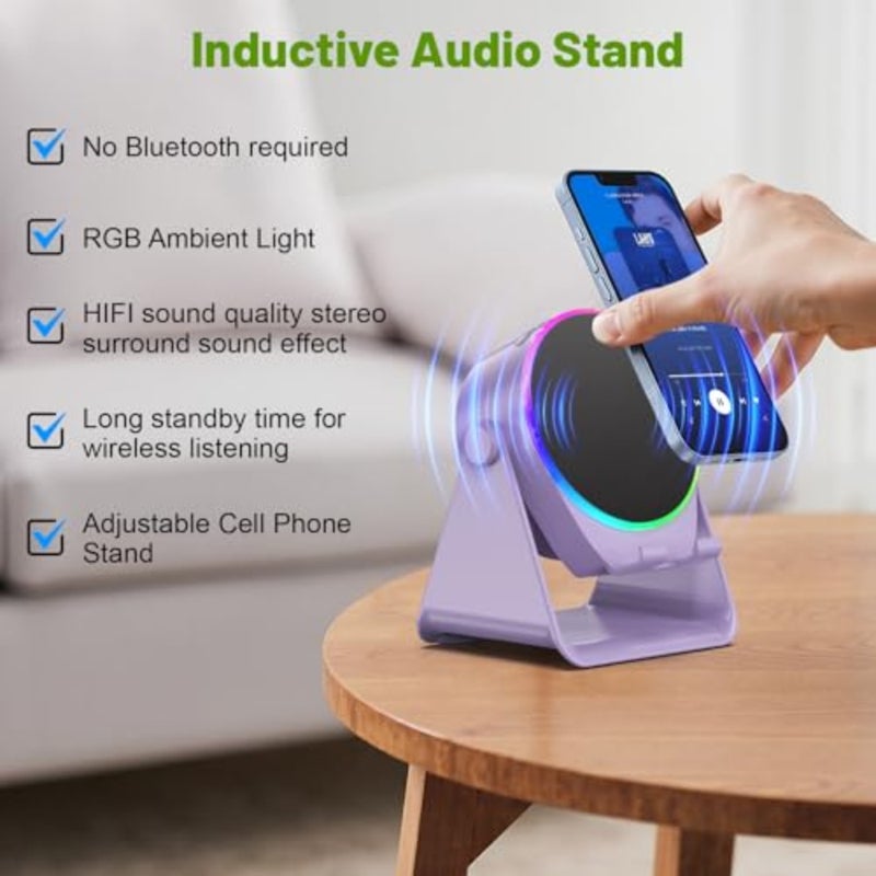 Wireless Bluetooth Induction Speaker, Phone Speaker Amplifier with Colorful Lights and 3500mAh Battery, 360° Adjustable Desk Phone Holder, Cool Tech Gadgets Gifts for Adults Teens - Image 3