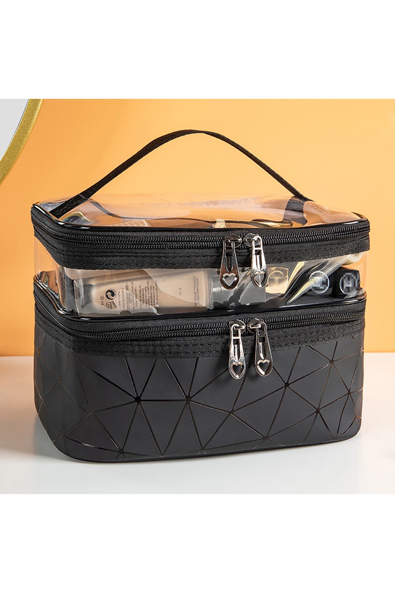 إيروريكس حقيبة مكياج سوداء مزدوجة الطبقات، حقيبة سفر من مادة PVC مقاومة للماء، حقيبة غسيل محمولة