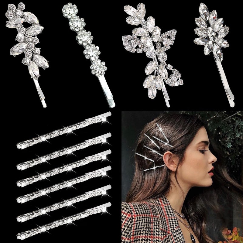 10 Pieces Rhinestone Hair Pins Silver Leaf Hair Clips Crystal Wedding Hair Clips for Brides Elegant Rhinestone Hair Accessories for Women Girls