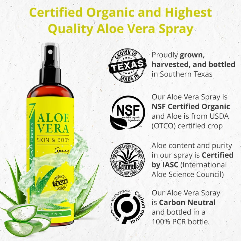 Seven Minerals, Organic Aloe Vera Spray for Body & Hair - From Freshly Cut Aloe Plant, Extra Strong, Easy to Apply, No Thickeners So It Absorbs Rapidly, No Sticky Residue - Made in USA (Big 12 fl oz) - Image 1