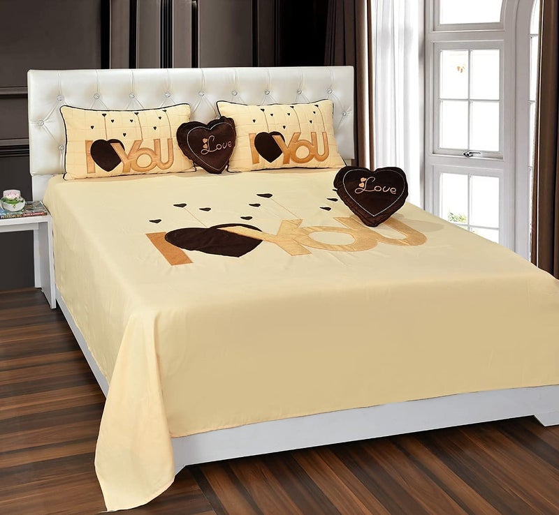 PRISCILLA Designer I Love You Patch Cotton Double Bedsheet for Couples with 2 Pillow Covers and 2 Heart Cushion. (Brown) - Image 3