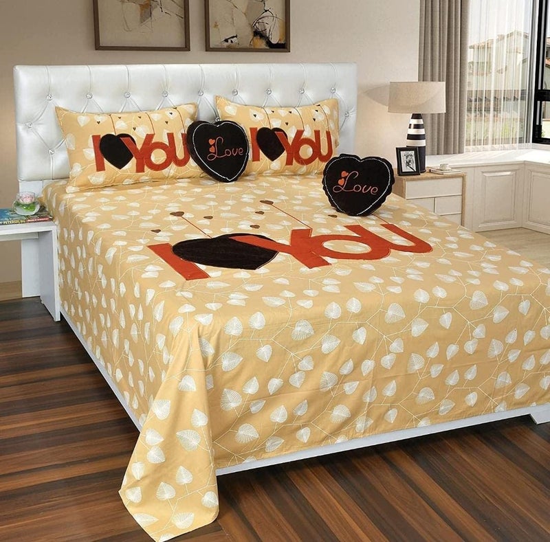 PRISCILLA Designer I Love You Patch Cotton Double Bedsheet for Couples with 2 Pillow Covers and 2 Heart Cushion. (Brown) - Image 1