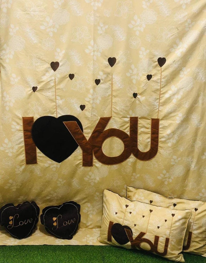 PRISCILLA Designer I Love You Patch Cotton Double Bedsheet for Couples with 2 Pillow Covers and 2 Heart Cushion. (Brown) - Image 2
