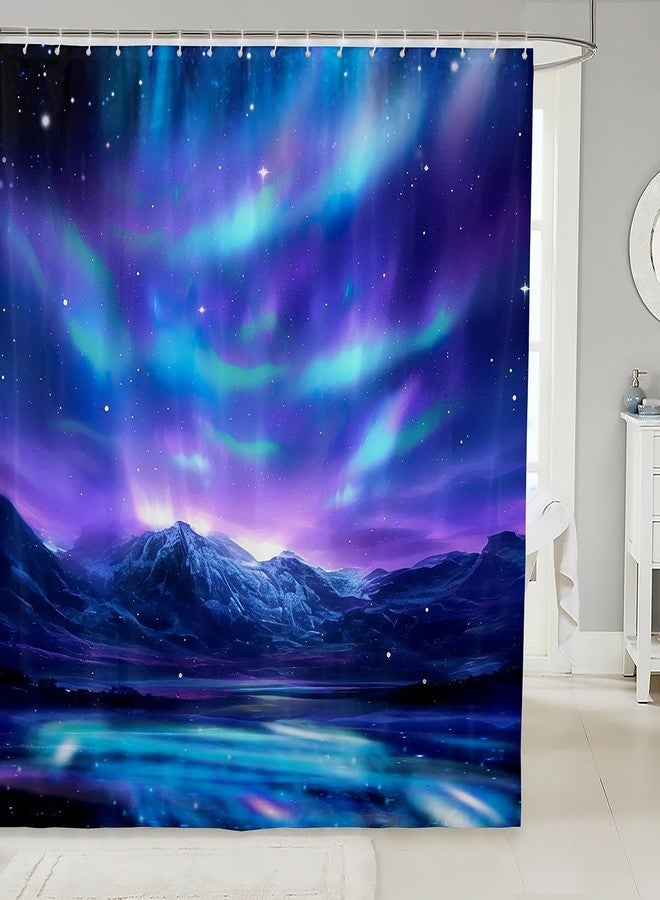 Feelyou ستارة حمام Feelyou بتصميم أضواء الشمال، ستارة مجرة، سماء زرقاء بنفسجية مرصعة بالنجوم، ديكور الشفق القطبي، قماش بوليستر مقاوم للماء، ستائر حمام مع 12 خطاف، 72 بوصة × 72 بوصة - Image 1