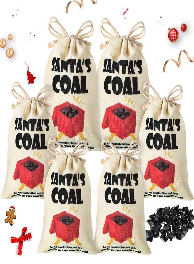 Cindeer 6 Pcs Christmas Santa's Coal Bag and Lump of Coal for All Naughty Mined in the North Pore Jewelry Bag Christmas Drawstring Bag of Coal for Xmas Holiday Stocking Filler Party Favor Supplies - Image 1