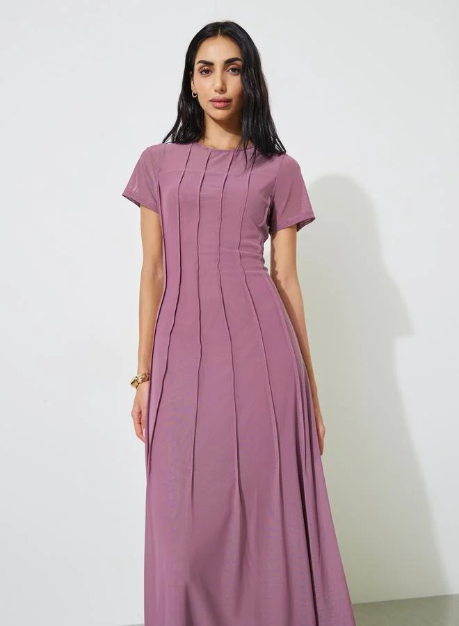 Styli Lilac Pintucks Detail Short Sleeves A-Line Midi Dress