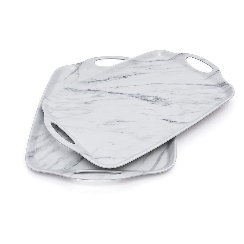 TP Large Serving Trays with Handles, 19" x 12" Melamine Serving Platters for Food, Turkey, Set of 2 Rectangular Trays for Party, White Marble - Image 1