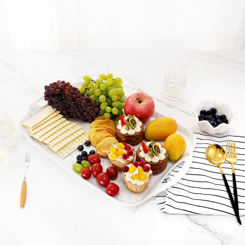 TP Large Serving Trays with Handles, 19" x 12" Melamine Serving Platters for Food, Turkey, Set of 2 Rectangular Trays for Party, White Marble - Image 4