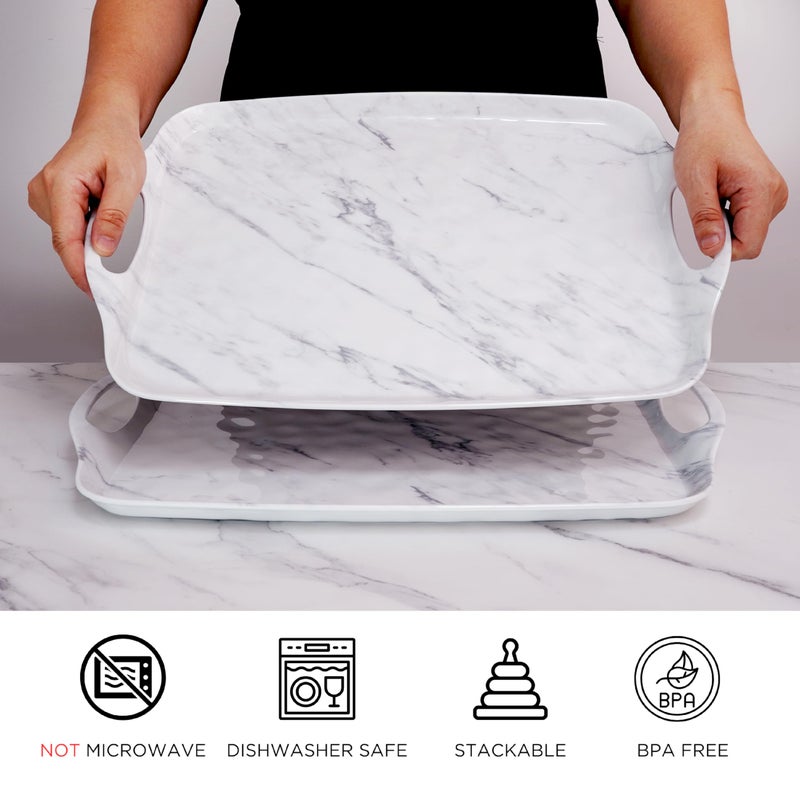 TP Large Serving Trays with Handles, 19" x 12" Melamine Serving Platters for Food, Turkey, Set of 2 Rectangular Trays for Party, White Marble - Image 2