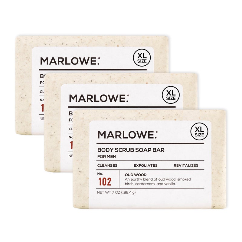 MARLOWE No 102 Body Scrub Soap 7 oz 3 Bars Oud Wood Exfoliating Soap Bar with Shea Butter Olive Oil  Green Tea Extracts Cleanses Smooths  Revitalizes Skin Earthy  Smoky Scent