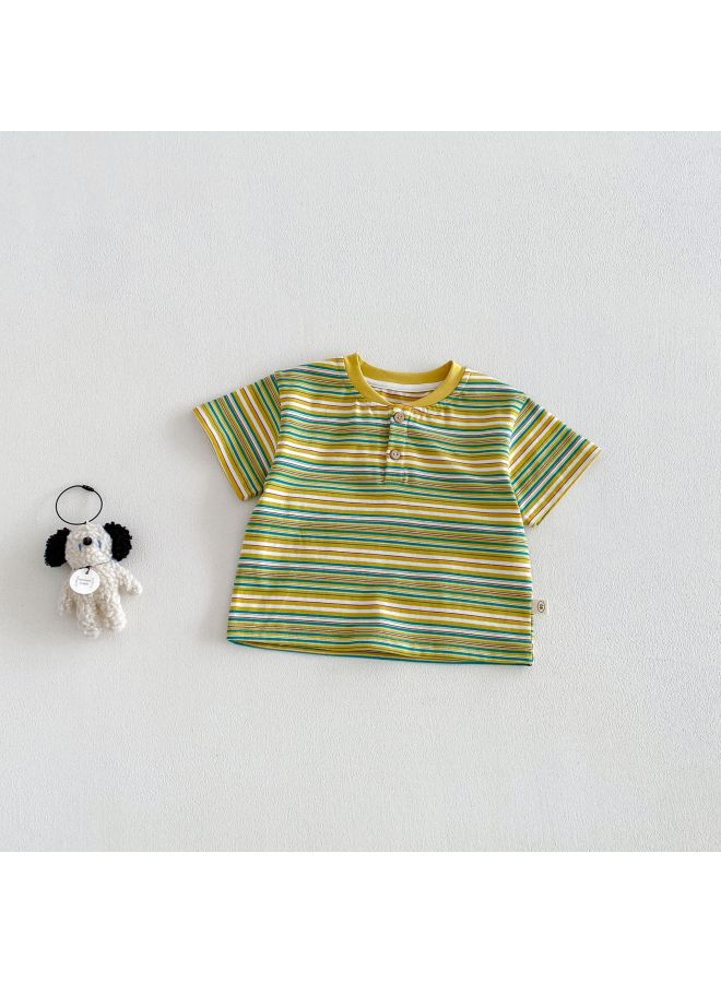 Boys' Striped T-shirt 2026 New Summer Baby Fashion Korean Style Label Panda Cartoon Top Children's Summer Wear