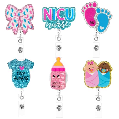 ANGOLIO Nurse NICU Badge Reel - National Nurses Day 6Pcs Funny Retractable Glitter Acrylic Newborn NICU Badge Holders Cute ID Holder Reels Clip for RN Doctors Medical Office Workers Teachers Supplies - Image 1