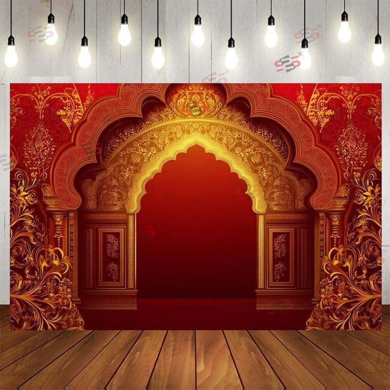 S2S قماش خلفية قوس أحمر أنيق لتزيين البوجا التقليدي، قماش تزيين خلفية | قماش ستارة لجميع المهرجانات والفعاليات والمناسبات - (5 × 8 قدم) (قوس أحمر) - Image 1
