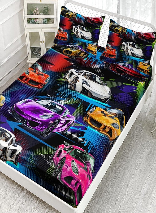 AILONEN Racing Car Fitted Sheet for Kids Boys Teens Twin Size, Extreme Sports Bedding Sets,Cool Speed Race Bed Sheet Set,Colorful Car Theme BedSheets Set,1 Fitted Sheet 2 Pillowcases,3 PCS - Image 2