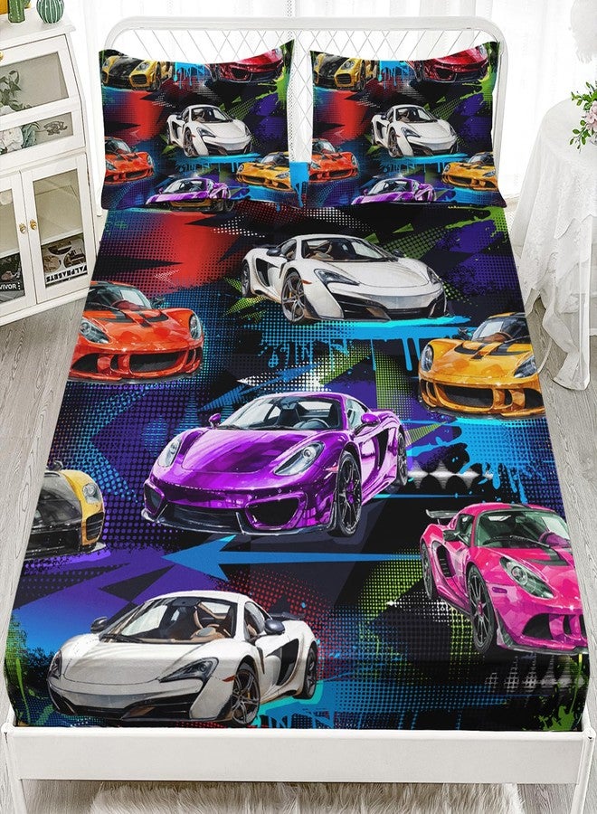 AILONEN Racing Car Fitted Sheet for Kids Boys Teens Twin Size, Extreme Sports Bedding Sets,Cool Speed Race Bed Sheet Set,Colorful Car Theme BedSheets Set,1 Fitted Sheet 2 Pillowcases,3 PCS - Image 1