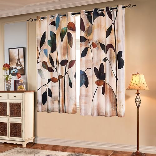 SUBRTEX Light Flitering Curtains 52Wx63L, Room Darkening Vibrant Floral Drapes, 50% Blackout, Semi Sheer Boho Farmhouse Curtains for Living Room, Brown - Image 1