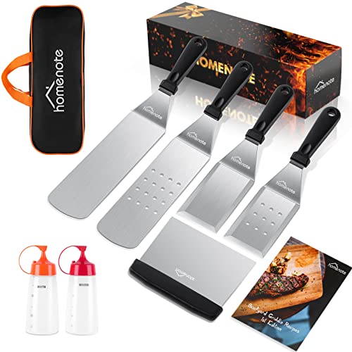 HOMENOTE Griddle Accessories Kit, 7Pc Professional BBQ Kit in Gift Box - Heavy Duty Wooden Handle Stainless Steel Griddle Tool Set Great for Grill Flat Top Cooking Camping, Wood Color - Image 1