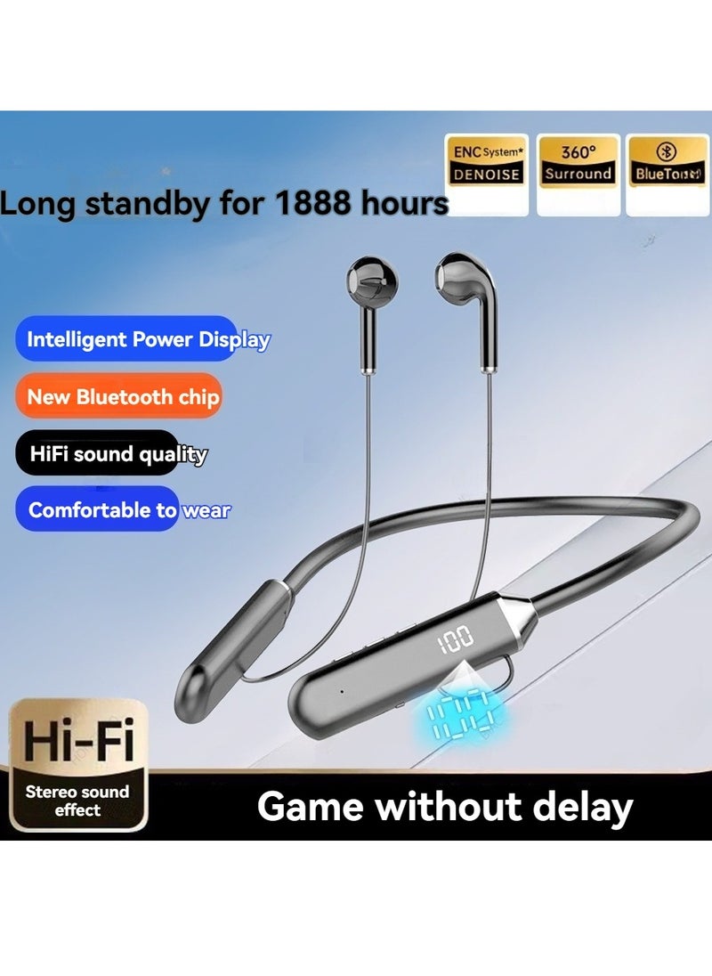 Generic New digital display wireless bluetooth sports earphones hanging neck type large capacity ultra long battery life bluetooth earphones (black)  - Image 1